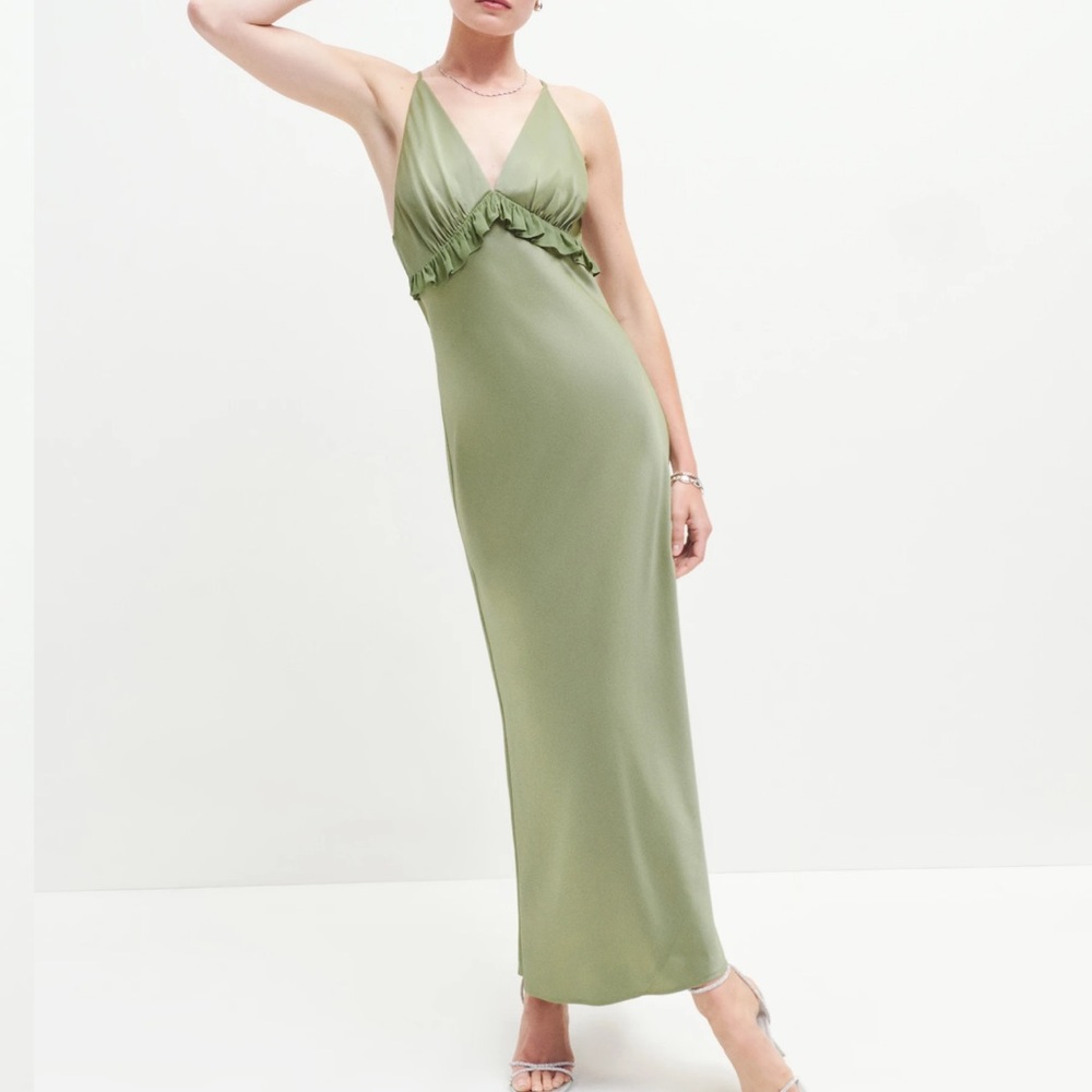 Reformation Madrigal Satin Dress color Artichoke size small worn once